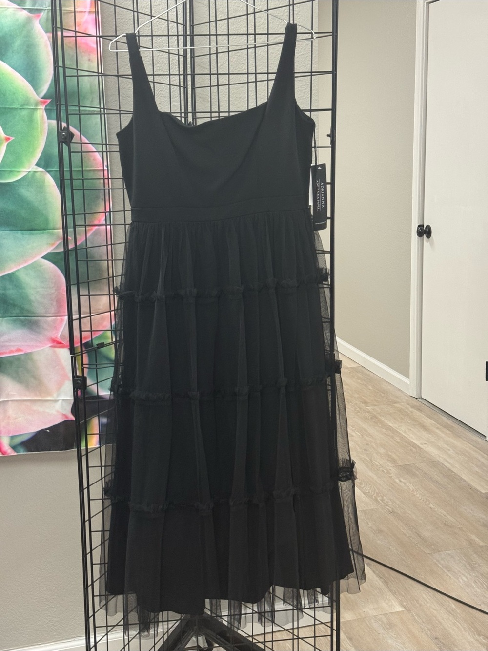 Adrianna Papell Black Tiered Tulle Maxi Dress size 12. Pit 20 L 48” MSRP $245